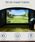 Golf Simulator Impact Screen With Triple Layer 3D Air Mesh For HD Visuals Indoor And Outdoor Practice Includes Grommets And Bungee Cords 6.5 By 9.8 Feet showcasing 3D virtual course on large screen indoors with golf bag visible on right