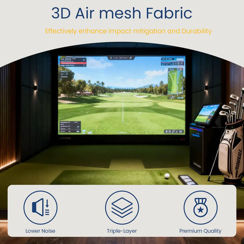 Golf Simulator Impact Screen With Triple Layer 3D Air Mesh For HD Visuals Indoor And Outdoor Practice Includes Grommets And Bungee Cords 6.5 By 9.8 Feet showcasing 3D virtual course on large screen indoors with golf bag visible on right