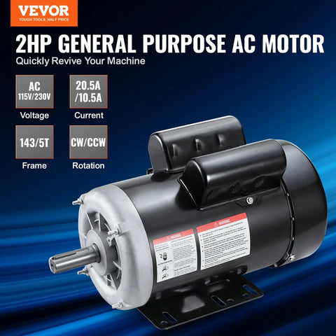 Beefy 2HP Single Phase Electric Motor For Air Compressors And General Machinery, 1725 RPM, Dual Voltage 115 Volt And 230 Volt
