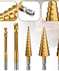 Six Piece Step Drill Bit Set Titanium Coated High Speed Steel Drill Bits For Wood Plastic Aluminum And Thin Metal Sheets Includes 5 Step 4mm To 12mm 9 Step 4mm To 20mm 10 Step 4mm To 20mm And 3 Twist Bits 3mm 6mm 8mm For DIYers Pro Builders, set of step and twist bits displayed.