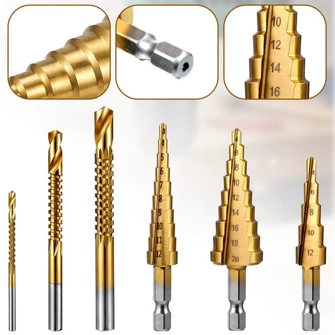 Six Piece Step Drill Bit Set Titanium Coated High Speed Steel Drill Bits For Wood Plastic Aluminum And Thin Metal Sheets Includes 5 Step 4mm To 12mm 9 Step 4mm To 20mm 10 Step 4mm To 20mm And 3 Twist Bits 3mm 6mm 8mm For DIYers Pro Builders, set of step and twist bits displayed.