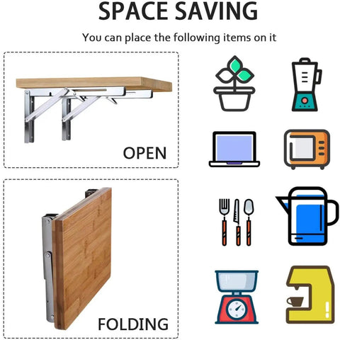 Rock Solid Stainless Steel Folding Shelf Brackets, Pair Of Heavy Duty Wall Mount Supports With Rust Resistant Finish and space-saving open and folding shelf.