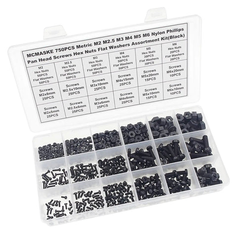 750 Piece Metric Nylon Screws Assortment Kit in Black with labeled compartments for Phillips pan head screws, nuts, and washers