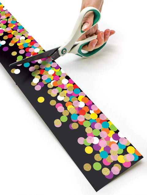 Cutting Colorful Confetti On Black Border Trim Roll 50 Foot to Liven Up Classroom Decor with Scissors