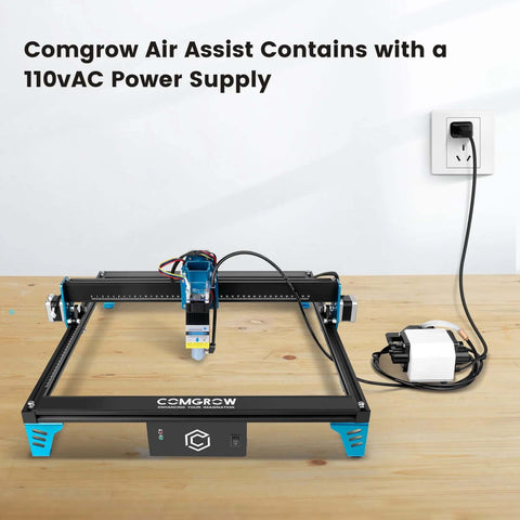 Comgrow Air Assist pump kit for laser cutter, mounted on a black CNC engraving frame with blue accents