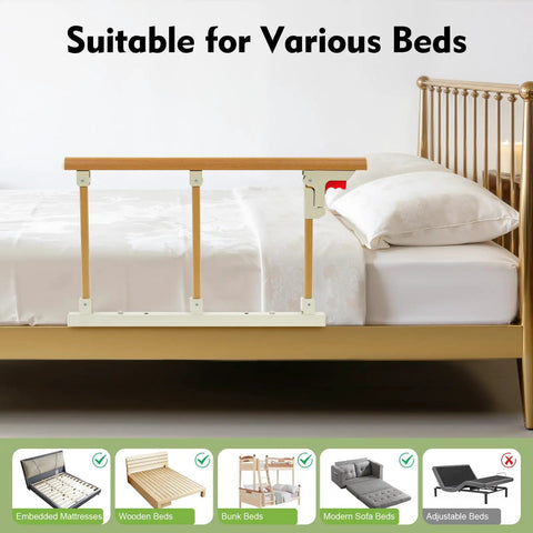 Foldable Bed Assist Rail For Seniors With Adjustable Height No Tool Setup on king size bed showing suitability for various beds