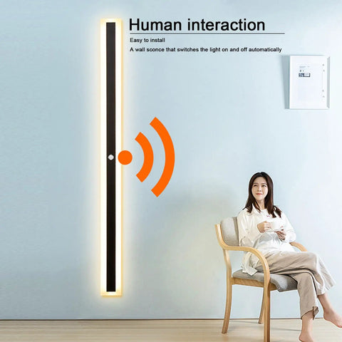 JGSYD Smart Sensor Control Wall Light with Motion Sensor Led Wall Lamp Acrylic Wall Mounted Long Strip Wall Sconce Minimalist Soft Light for Courtyard Hallway,White Light-100Cm next to a person sitting in a chair.