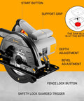 Pro Grade Corded Circular Saw 1200W With 4800Rpm Motor And 185mm 24 Tooth Blade showing start button and depth adjustment.