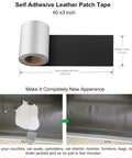 Heavy Duty Self Adhesive Leather And Vinyl Repair Tape 3X60 Inch For Couches Sofas And Cars With Solid Grip And Quick No Sweat Fixes For Home Or Auto Interiors In Dark Black roll displayed with before and after patch on upholstery.
