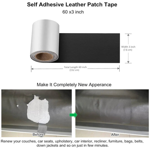 Heavy Duty Self Adhesive Leather And Vinyl Repair Tape 3X60 Inch For Couches Sofas And Cars With Solid Grip And Quick No Sweat Fixes For Home Or Auto Interiors In Dark Black roll displayed with before and after patch on upholstery.