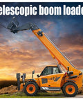 Built Tough Heavy Duty 4WD Telescopic Handler For Construction Sites, orange boom loader extending with attachments against sunset.