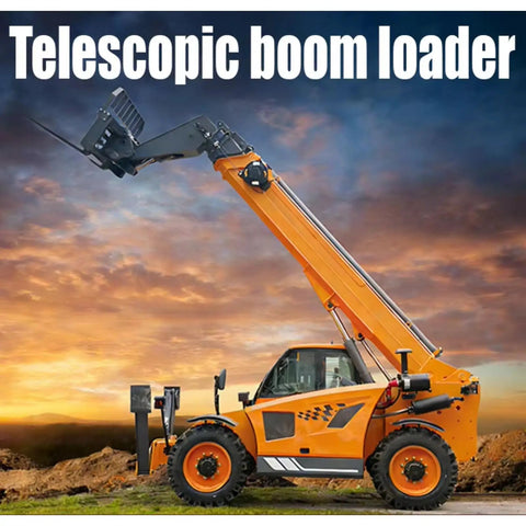 Built Tough Heavy Duty 4WD Telescopic Handler For Construction Sites, orange boom loader extending with attachments against sunset.