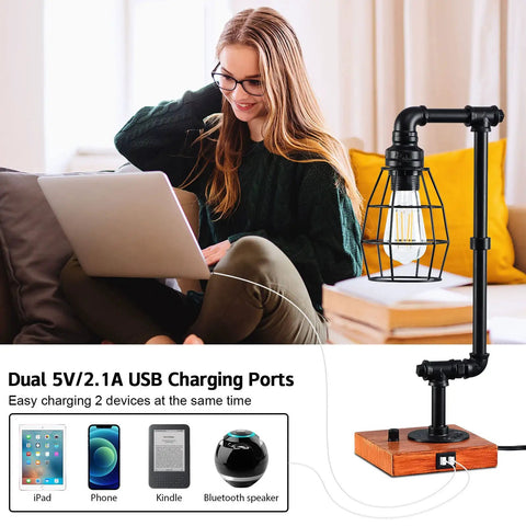 Woman using laptop beside Stepless Dimmable Industrial Nightstand Lamp With Dual USB Ports, Edison rustic metal pipe look