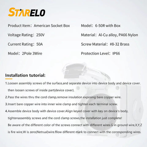 Installation guide for 50 Amp NEMA 6-50R Power Outlet Box With Protective Weatherproof Enclosure 250V Heavy Duty Outdoor Receptacle
