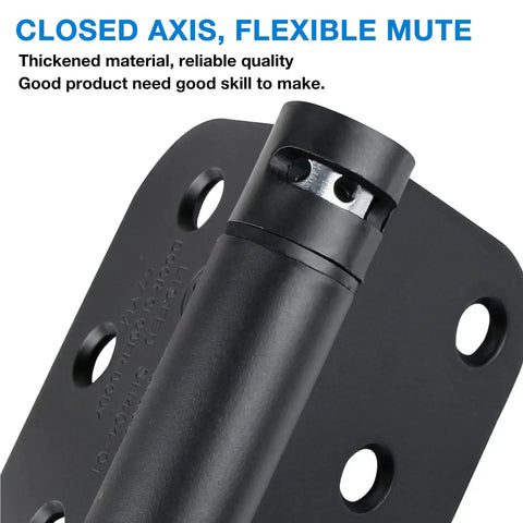 Close-up of matte black self closing door hinge with 5/8 inch radius, durable steel for 4x4 doors, auto soft close feature.