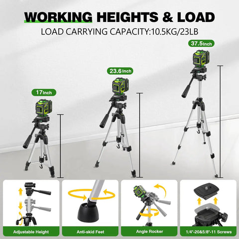 Self Leveling Laser Level With Tripod For DIY Pros And Handymen, 360 Degree Green Cross Lines, 4D Laser Leveler With Included 2 Lithium Batteries, High Precision For Picture Hanging, Tile Work, Home Renovation, Indoor Use, adjustable height tripod