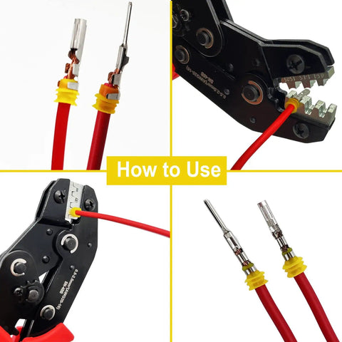800Pcs 50Set Waterproof Automotive Electrical Wire Connector Kit with 1 to 6 Pin Connectors and Ratchet Crimping Tool in use.