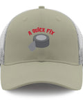 Front view of green mesh baseball cap with "A Quick Fix" text and duct tape graphic, ideal for casual wear.