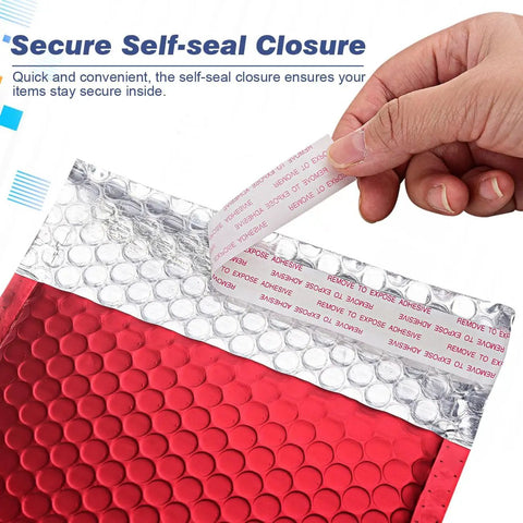 Metallic Matte Red Bubble Mailers 4 By 8 Inch Padded Envelopes With Secure Self Seal Closure Lightweight Yet Durable Tear Resistant Shipping Bags Bright Red Finish Pack Of 25 For Easy Standout Shipments close-up of self-seal closure being peeled