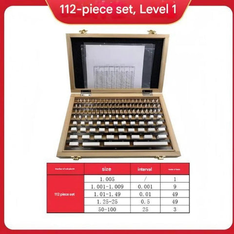 Dead On 112 Piece Ceramic Rectangular Gauge Block Set Grade 1 Pro Shop Calibration Tools in a wooden case with size chart.