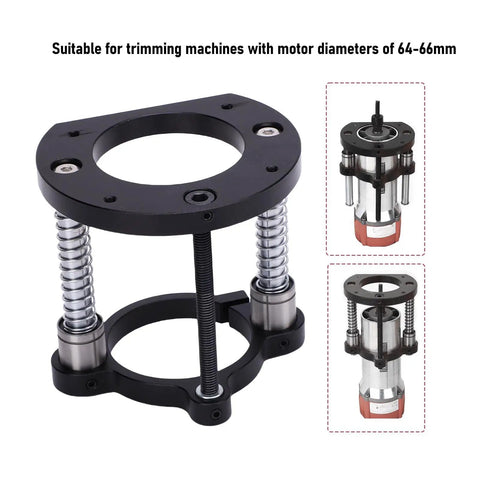 Aluminum Router Lift Base With Two Jaw Clamping Manual Lifting System And Crank Handle For 64-66mm Trimming Slotting And Chamfering Woodworking Project Setup Rustproof Stainless Steel Support Rod For Smooth Durable Heavy Duty Performance, 64-66mm motor