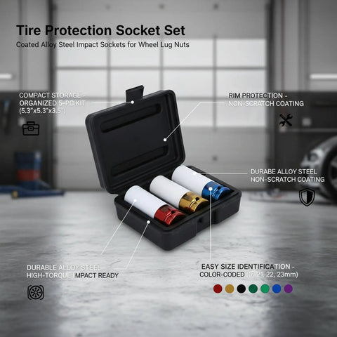 Premium Tire Protection Impact Socket Set With Coated Alloy Steel Lug Nut Rims For Wheel Maintenance, 5-Piece Kit Includes Storage Case To Keep Your Rides Clean And Safe From Scratches While Hitting The Road, 17-23mm sockets in case
