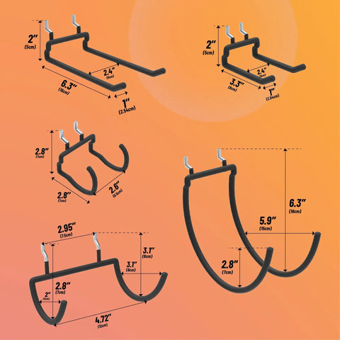 10-Pack Heavy Duty Pegboard Hooks For Power Tools And Garage Organization For DIYers Vinyl-Coated Steel Drill Holders And Utility Hangers 20 Lb Per Hook Fits Standard One Quarter Inch Pegboards Black, dimensions shown.