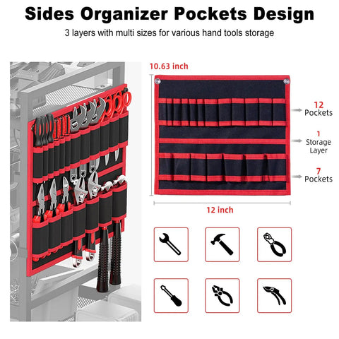 Side view of Large Power Tool Organizer Cart With 20A Charging Station showing red and black tool holder pockets for storage.