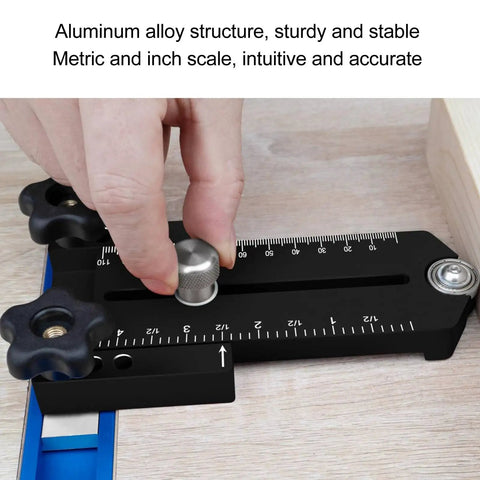 Extended Thin Ripping Jig For Woodworking, showing aluminum alloy guide with metric and inch scale, black finish, close-up