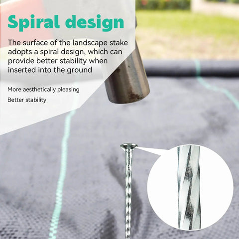 Close-up of Six Inch Spiral Landscape Stakes 100 Pack With Gasket Heavy Duty Galvanized Metal Garden Stakes showing spiral design.