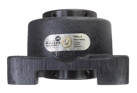 Close-up view of heavy duty flange bearing 2 inch with double taper roller bearings, Moline brand, Type E flange.