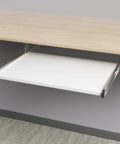 Slick Under Desk Keyboard Tray Pull Out Slide With Height Adjustable Full Extension Ball Bearing Rails showing white pull-out tray.