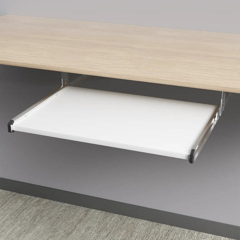 Slick Under Desk Keyboard Tray Pull Out Slide With Height Adjustable Full Extension Ball Bearing Rails showing white pull-out tray.