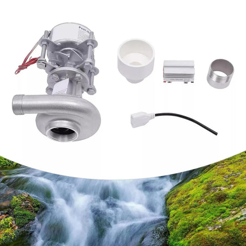 500W Micro Hydro Generator 220V Water Turbine Power Station parts and accessories with waterfall background