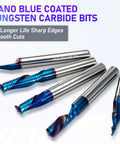 Go-To Quarter Inch Shank CNC Router Bit Kit With ER16 Collet showing nano blue coated tungsten carbide bits