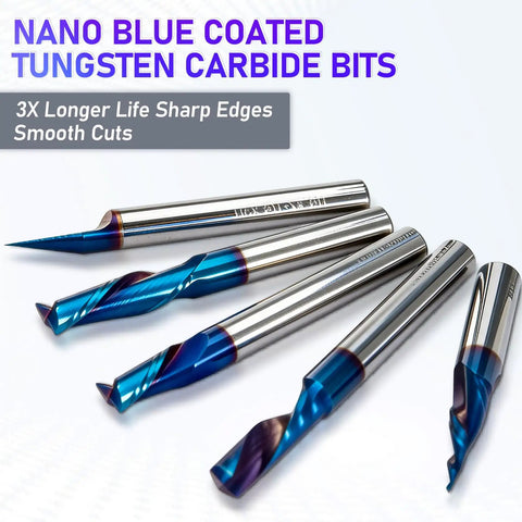 Go-To Quarter Inch Shank CNC Router Bit Kit With ER16 Collet showing nano blue coated tungsten carbide bits