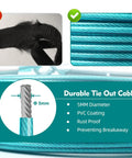 Comparison of Heavy Duty 200 Foot Dog Runner With 10 Foot Tie Out Cable for Large Dogs showing durable ice blue material