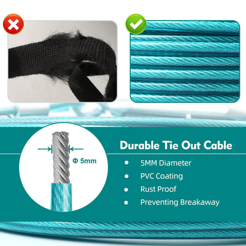 Comparison of Heavy Duty 200 Foot Dog Runner With 10 Foot Tie Out Cable for Large Dogs showing durable ice blue material