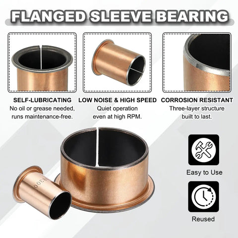 2 Pack Flanged Sleeve Bearings 35mm Bore, 39mm OD, 50mm Long with 47mm Flange Diameter and 2mm Flange Thickness, Iron Base with Copper Outer, Heavy Duty Sleeve Bearing Set for Machinery, Motors, and DIY Projects. Flanged sleeve bearing set