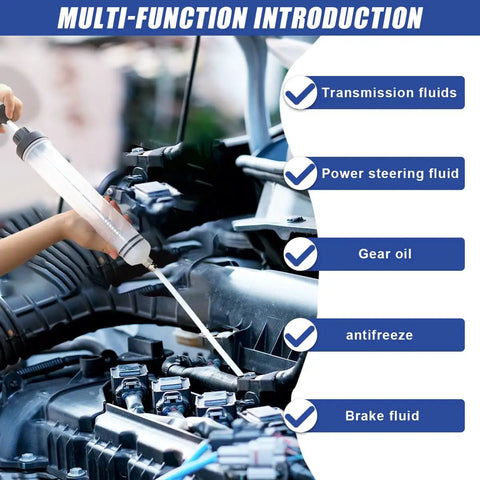 Top Shelf Vacuum Fluid Extractor Syringe Oil Pump With Extended Reinforced Hose extracting various fluids from engine bay.