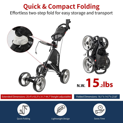 Explorer V8 Golf Push Cart Built for the Road, lightweight aluminum frame, two-step fold, shown folded and extended