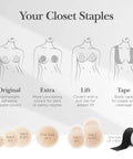 Illustration showing various types of nipple covers and body tapes, including Silicone Nipple Covers With Travel Case Reusable Nipple Pasties With Skin Safe Adhesive No Bra Needed Under Clothing For Backless Dresses Bridesmaid Gowns Camisoles And Swimwear Creme Size 1 Fits A Cups.