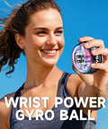 Woman holding Torque Ball Hand Exerciser Dope Grip Strength Trainer For Forearm Strengthener Wrist Power Gyro Ball Hand Strengthening Device Wrist Strengthener Finger Exerciser Auto Start Black Without Light against blue sky.