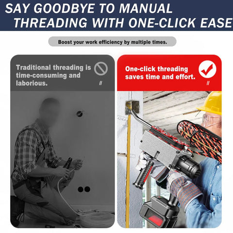Image comparing traditional threading with one-click ease using the 15M 30M Cordless Electric Fish Tape Tool With 25000 Mah Battery And Metal Lock Wire.