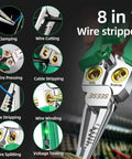 Diagram showing 8 In 1 Wire Stripper Pliers Multi Function Electrician Tool with features like clamping, cutting, crimping, and testing