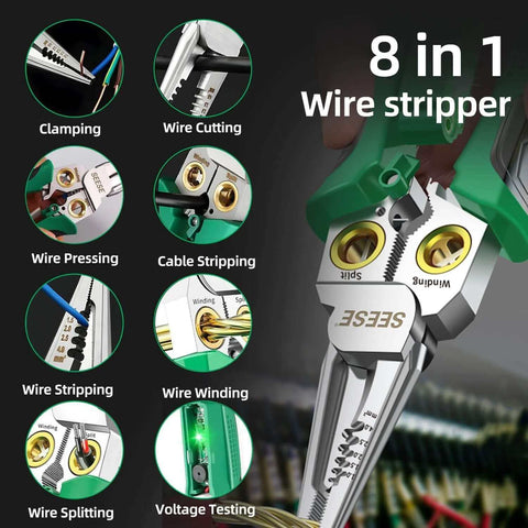 Diagram showing 8 In 1 Wire Stripper Pliers Multi Function Electrician Tool with features like clamping, cutting, crimping, and testing