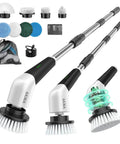 Electric Spin Scrubber Cordless Power Cleaning Brush With Long Handle And 8 Interchangeable Heads For Tub, Tile, Floors, Grout, Glass, Sinks, Corners And Car Wheels Two Speeds Up To 480 RPM Perfect For Tough Grime; three brush heads and handle