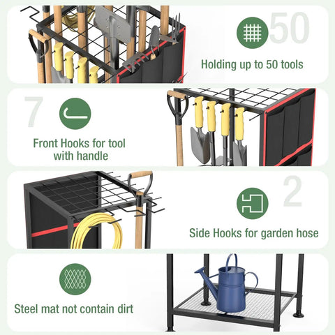 Metal Yard Tool Organizer With Side Pocket And Six Pockets Holds 50 Long Handled Tools, Rakes And Brooms All In One Heavy Duty Steel Rack