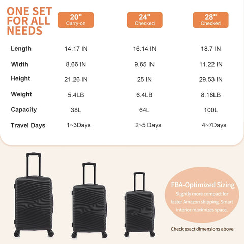 3 Piece ABS Luggage Set With Spinner Wheels Hardside Travel Luggage Including 28 Inch Large Suitcase 24 Inch Medium 20 Inch Carry On Airline Approved sizing chart and luggage images