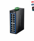 Industrial 16 Port Gigabit DIN Rail Switch With 32Gbps Capacity NDAA And TAA Compliant IP50 Rated LED Indicators shown